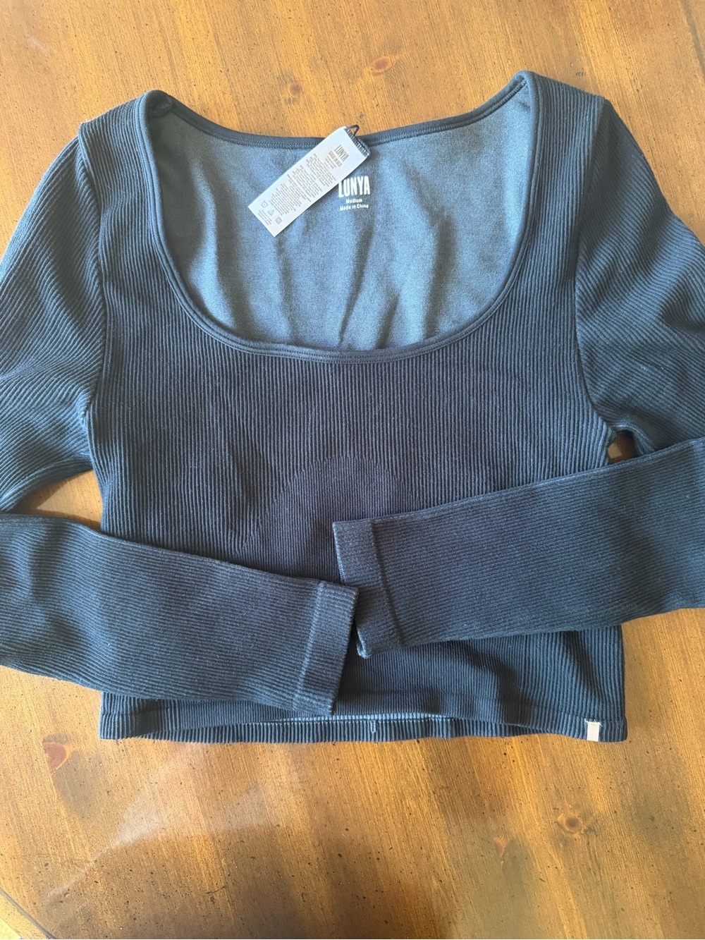 lunya Black Ribbed Long Sleeve Scoop Crop Top